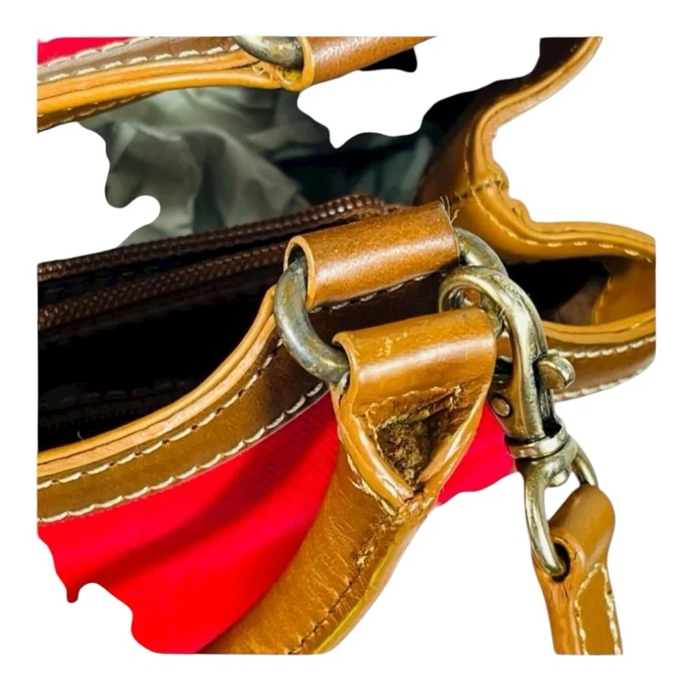 Fossil Classic #75082 Red Canvas & Leather Satchel Tote Bag Vintage Key Charm - Picture 8 of 11